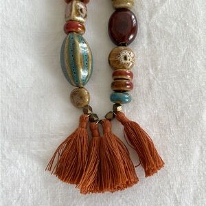 VIntage Colorful Boho Chic Ceramic Bead Statement Necklace with Tassel